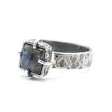 Mystical Square Labradorite Ring  Sterling Silver Hammered Band
