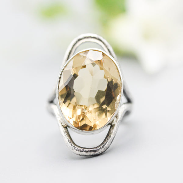 Radiant Faceted Citrine Ring Sterling Silver Bezel and Double Band Statement Piece