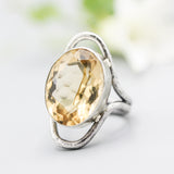 Radiant Faceted Citrine Ring Sterling Silver Bezel and Double Band Statement Piece