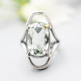 Oval faceted Green Amethyst ring in silver bezel and prongs setting in sterling silver oxidized double band
