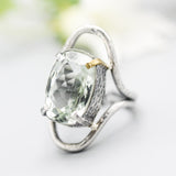 Oval faceted Green Amethyst ring in silver bezel and prongs setting in sterling silver oxidized double band