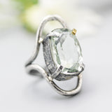 Oval faceted Green Amethyst ring in silver bezel and prongs setting in sterling silver oxidized double band
