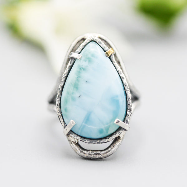 Ocean Inspired Larimar Ring Handcrafted Sterling Silver and Brass Statement Piece