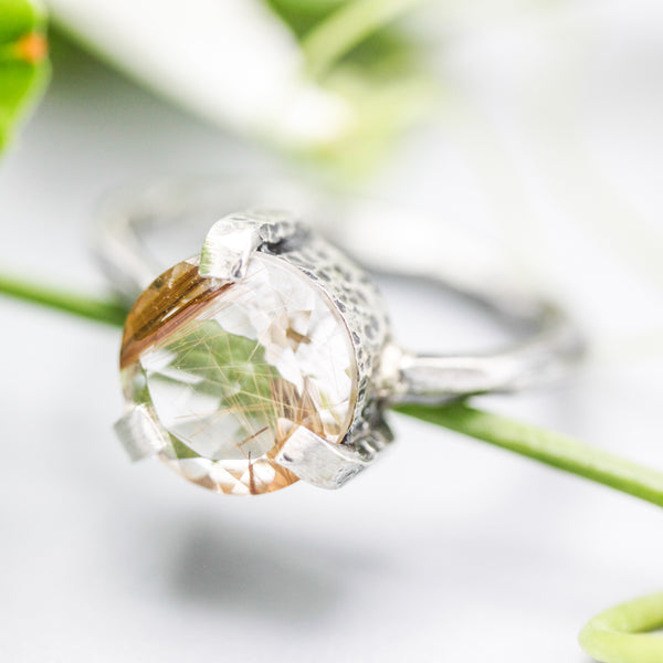 Cosmic Rutilated Quartz Ring Sterling Silver Bezel Set with Oxidized Band