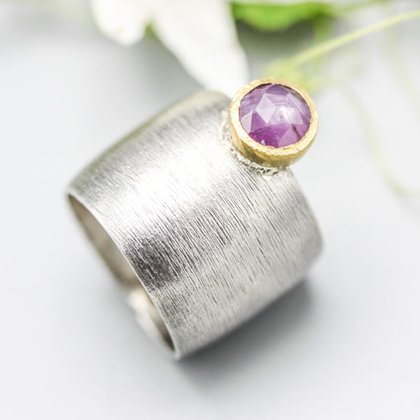 Blush Elegance Pink Sapphire Ring  Brass and Oxidized Sterling Silver Statement Piece