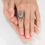Oval faceted Green Amethyst ring in silver bezel and prongs setting in sterling silver oxidized double band