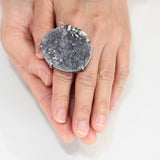 Black natural Brazilian druzy ring in silver bezel and prongs setting with Ant figurine on sterling silver double band