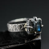 Mystical Square Labradorite Ring  Sterling Silver Hammered Band