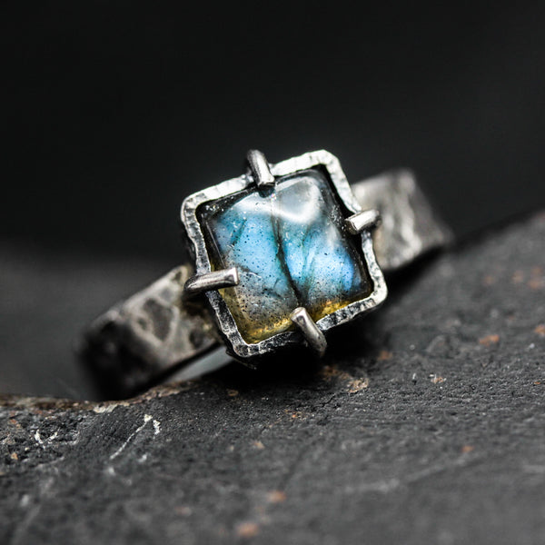 Mystical Square Labradorite Ring  Sterling Silver Hammered Band