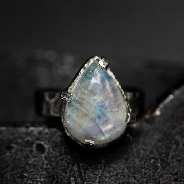 Mystical Teardrop Moonstone Ring Handcrafted in Sterling Silver