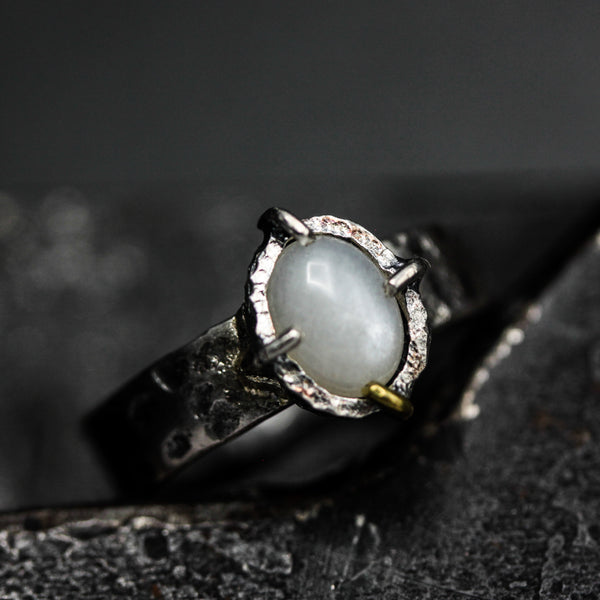 Celestial Moonstone Ring Handcrafted Textured Sterling Silver