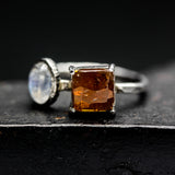 Square Orange Kyanite Ring Silver Bezel and Prongs Setting with Oval Moonstone Free Resizing