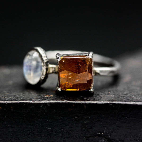 Square Orange Kyanite Ring Silver Bezel and Prongs Setting with Oval Moonstone Free Resizing