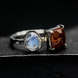 Square Orange Kyanite Ring Silver Bezel and Prongs Setting with Oval Moonstone Free Resizing