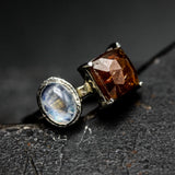 Square Orange Kyanite Ring Silver Bezel and Prongs Setting with Oval Moonstone Free Resizing