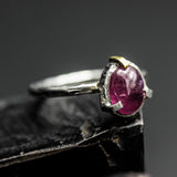 Oval Cabochon Ruby Ring  Sterling Silver Bezel and Prongs Setting Free Resizing