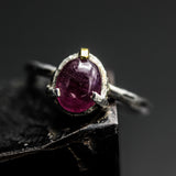 Oval Cabochon Ruby Ring  Sterling Silver Bezel and Prongs Setting Free Resizing