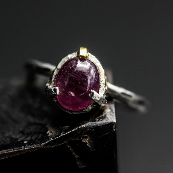 Oval Cabochon Ruby Ring  Sterling Silver Bezel and Prongs Setting Free Resizing