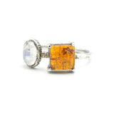 Square Orange Kyanite Ring Silver Bezel and Prongs Setting with Oval Moonstone Free Resizing