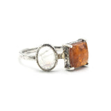 Square Orange Kyanite Ring Silver Bezel and Prongs Setting with Oval Moonstone Free Resizing