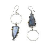 Triangle Labradorite earrings with silver circle loop on oxidized sterling silver hooks
