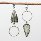 Triangle Labradorite earrings with silver circle loop on oxidized sterling silver hooks