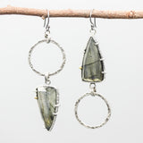 Triangle Labradorite earrings with silver circle loop on oxidized sterling silver hooks
