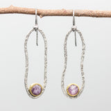 Sterling silver oxidized in peanut shape earrings with Pink sapphire on silver hooks