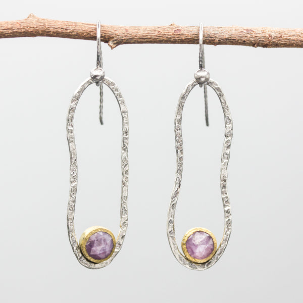 Sterling silver oxidized in peanut shape earrings with Pink sapphire on silver hooks