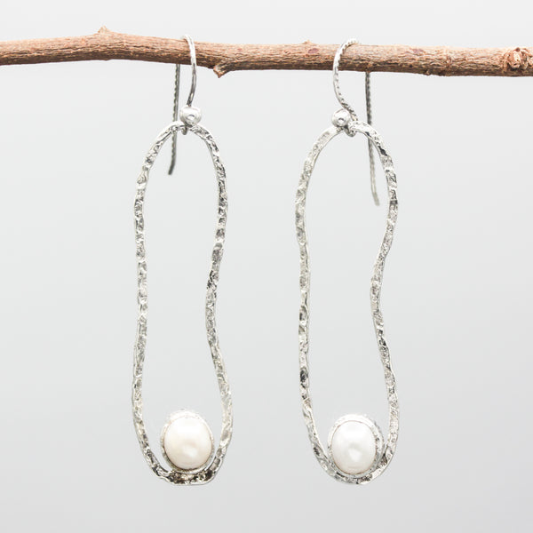 Sterling silver oxidized in peanut shape earrings with Freshwater pearls on silver hooks