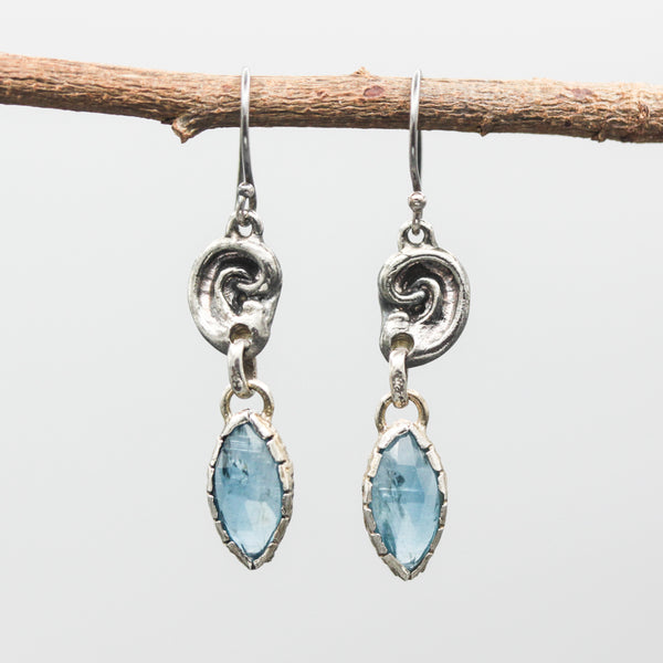 Sterling silver ear shape earrings with marqiuse blue kyanite gemstone on hooks style design