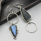 Triangle Labradorite earrings with silver circle loop on oxidized sterling silver hooks