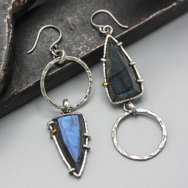 Triangle Labradorite earrings with silver circle loop on oxidized sterling silver hooks