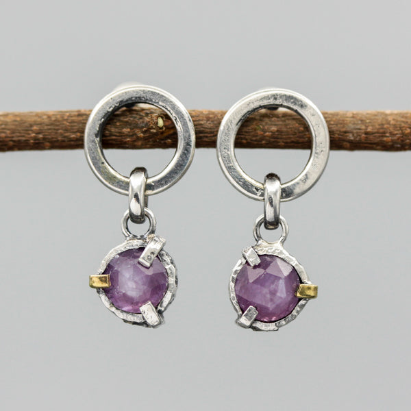 Pink Sapphire earrings in silver bezel and prongs setting with circle loop on sterling silver stud style