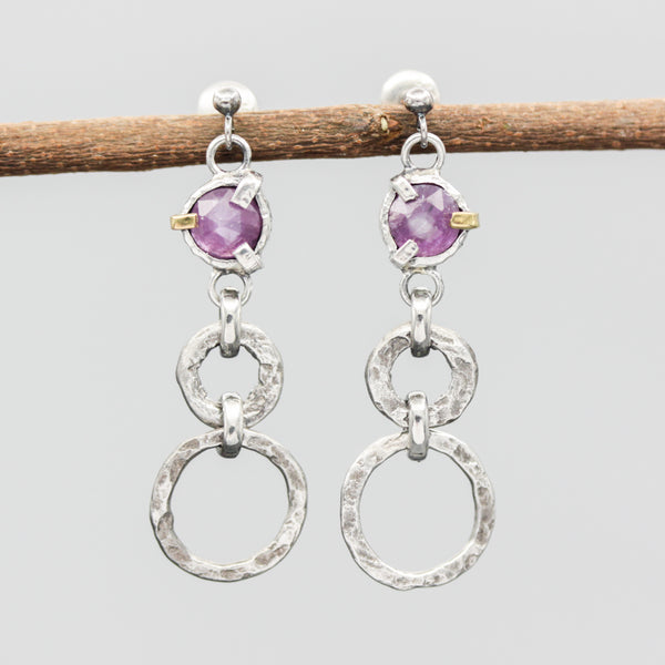 Earrings faceted Pink Sapphire in silver bezel and prongs setting with silver double circle loop on sterling silver post and backing