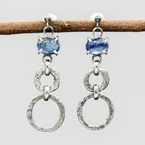 Earrings oval blue Kyanite in silver bezel and prongs setting with silver double circle loop on sterling silver post and backing