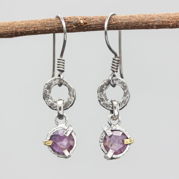 Faceted Pink sapphire earrings in silver bezel and prongs setting with silver texture circle loop on hooks style