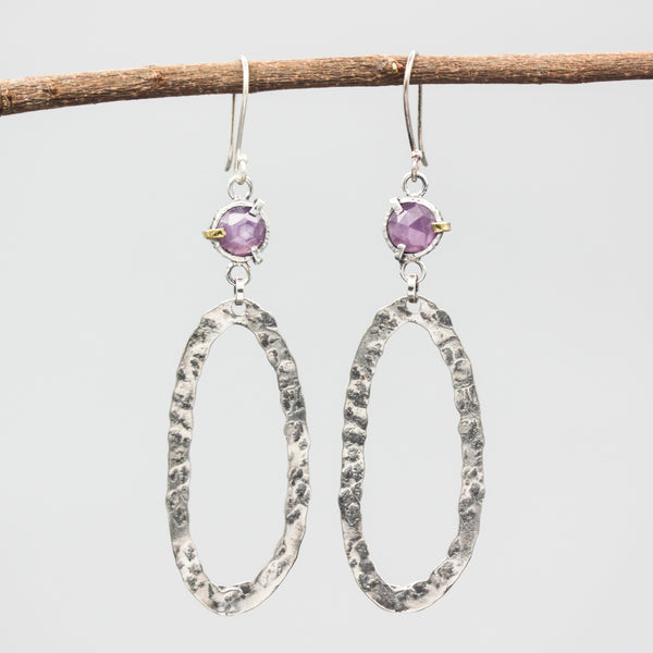 Round faceted Pink sapphire earrings with Silver oxidized hammer textured oval shape loop on sterling silver hooks style