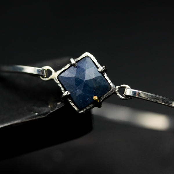 Square Blue sapphire bangle bracelet in silver bezel and prongs setting with sterling silver band