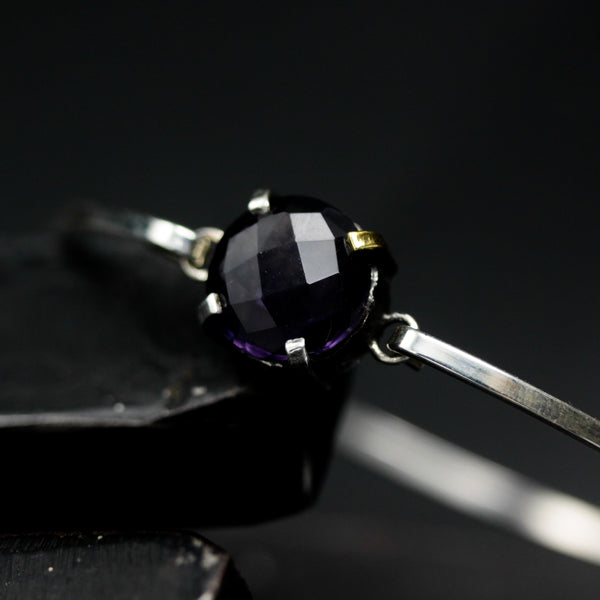 Round Amethyst bangle bracelet in silver bezel and prongs setting with sterling silver band