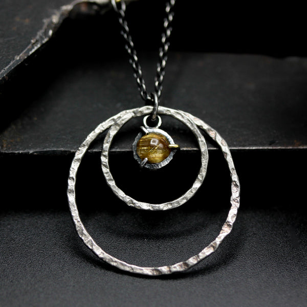 Round Rutilated pendant necklace and double circle shape with multi sapphire secondary on sterling silver chain
