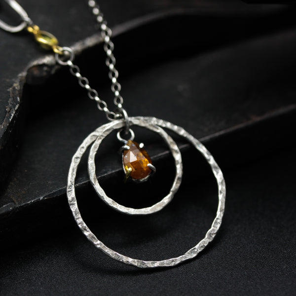 Teardrop orange kyanite pendant necklace and double circle shape with multi sapphire secondary on sterling silver chain