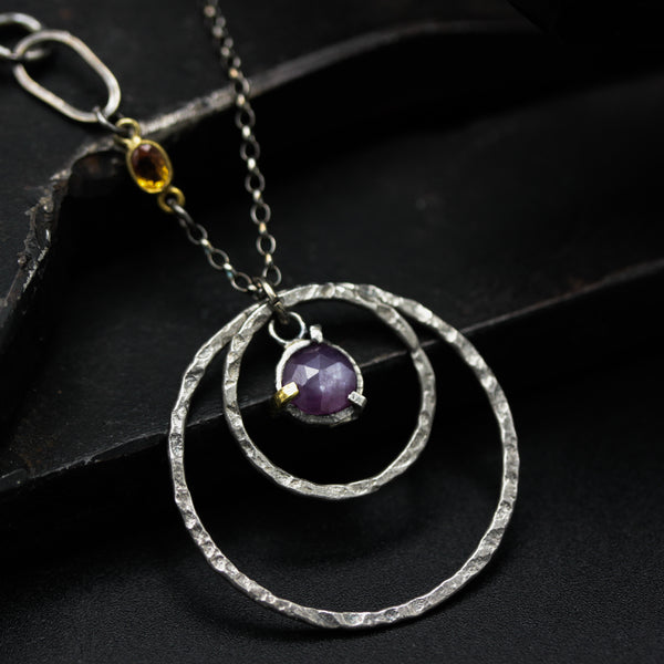 Round pink sapphire pendant necklace and double circle shape with multi sapphire secondary on sterling silver chain
