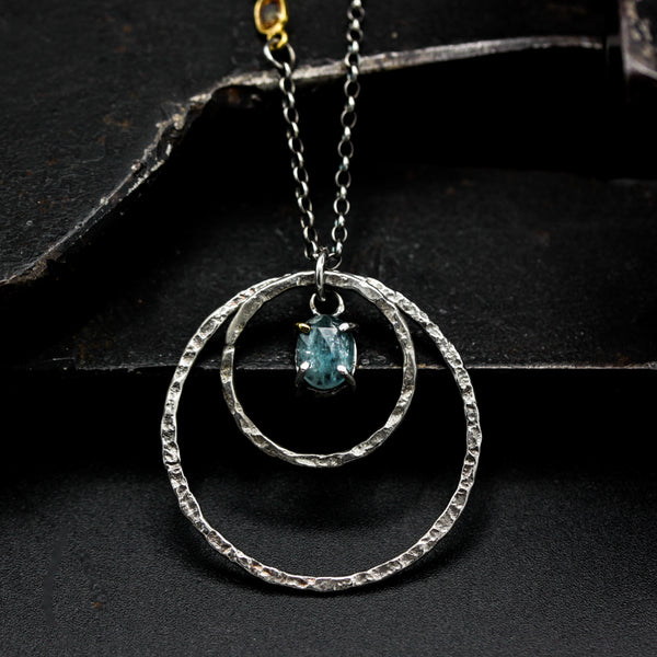 Oval mint kyanite pendant necklace and double circle shape with multi sapphire secondary on sterling silver chain