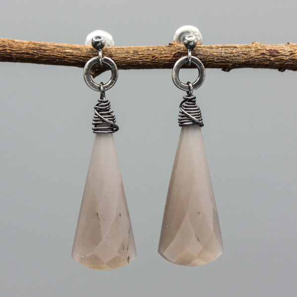 Pink Moonstone Drop Earrings  Oxidized Sterling Silver Ring Loops and Stud style