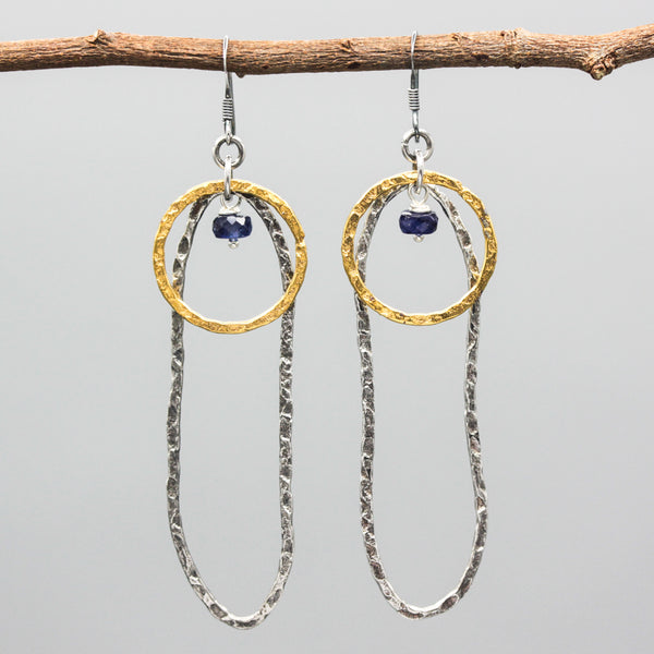 Blue Sapphire Bead Earrings Oxidized Sterling Silver Peanut and Brass Circle Drops