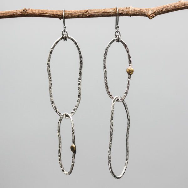 Sterling silver oxidized in peanut shape earrings with brass beads on sterling silver hooks style