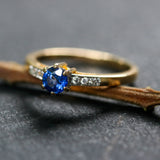Wedding rings, round faceted Blue sapphire and diamonds with 22k gold band