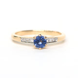 Wedding rings, round faceted Blue sapphire and diamonds with 22k gold band