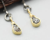 Rough diamond earrings in 18k gold bezel setting with oxidized sterling silver hooks style on the top